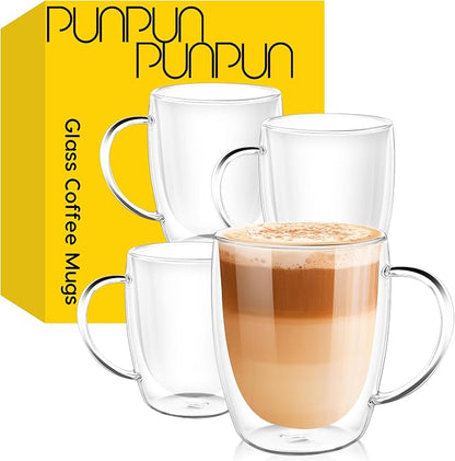 PunPun 12.9OZ. 380ml Clear Coffee Mugs, Glass Cups