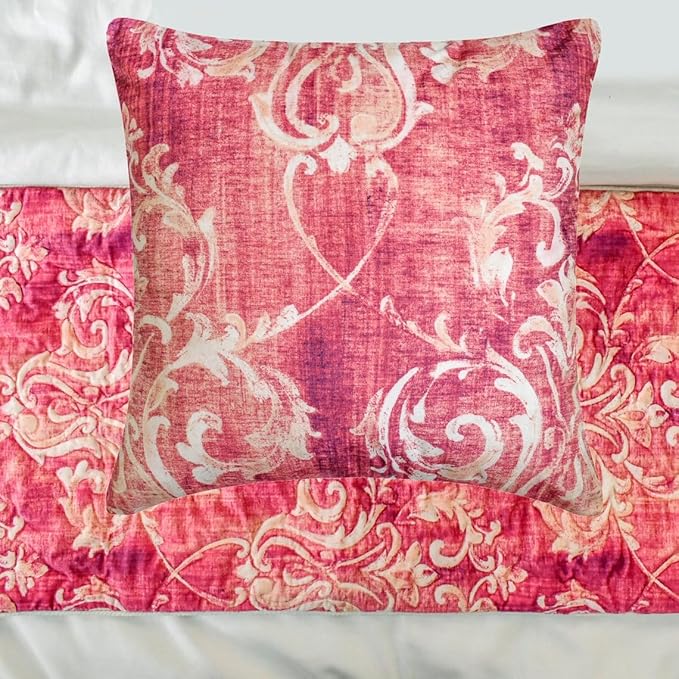 The HomeCentric King/Queen/Twin Pink Luxury King 90"x18" Bed Runner with One Pillow Cover, Damask, Quilted Bed Scarf on Velvet Fabric - Pink Dalliance