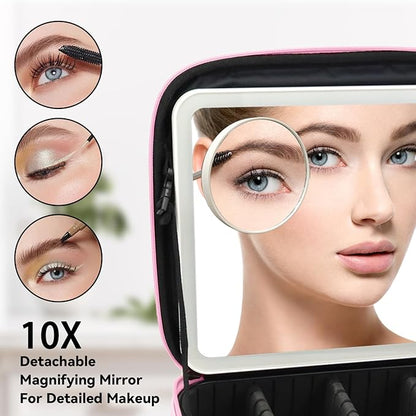 Travel Makeup Bag with LED Mirror and 10x magnifying glass with 3 Lighted Settings, Adjustable Dividers and Makeup Brush Storage Bag Dark Pink