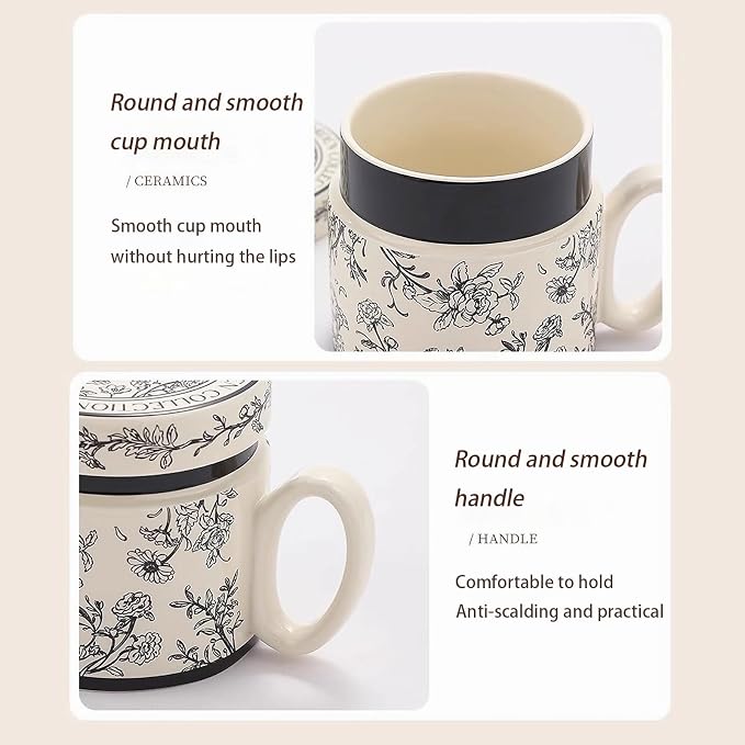 12.9oz Ceramic Coffee Mug with Lid, Flower Patterned Porcelain Mug, Ceramic Tea