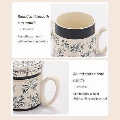12.9oz Ceramic Coffee Mug with Lid, Flower Patterned Porcelain Mug, Ceramic Tea