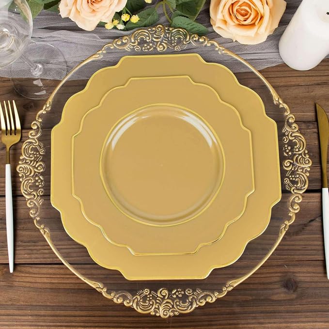 Gold Hard Plastic Dessert Plates, 50 Pack 8" Disposable Round Baroque Plates