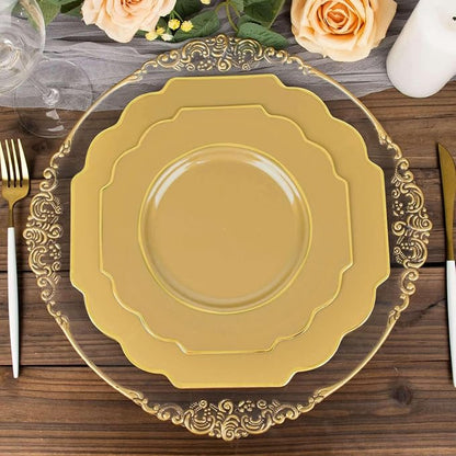 Gold Hard Plastic Dessert Plates, 50 Pack 8" Disposable Round Baroque Plates
