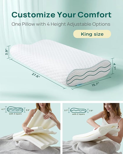 Ergonomic Memory Foam Pillow - Orthopedic Cervical Support Pillow for Neck & Shoulder Pain Relief, Adjustable Contour Pillow for All Sleeping Positions，King Size