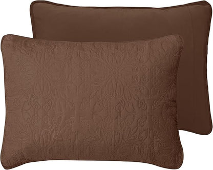 Easy-Going King Size Reversible Quilt Set with 1 Quilt and 2 Pillow Shams, Soft Bed Quilt Cover, Water Resistant Lightweight Microfiber Bedspread, Stain Resistant, Damask-Brown/Beige