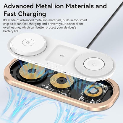 3 in 1 Fast Wireless Charger Stand for iPhone, Foldable Travel Charging Station for Magsafe for iPhone 17/Air/16/15/14/13/12 Series, Apple Watch Series, AirPods pro/2/3/4, Gifts for Women Men (Golden)