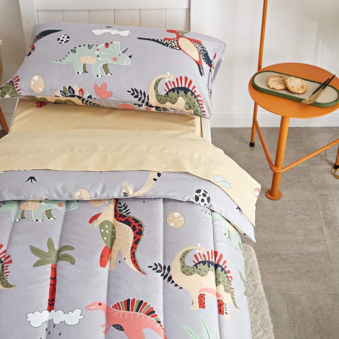 UOZZI BEDDING 4 Piece Gray Dinosaurs Toddler Bedding Set with Colorful Dinos Boys Bed Comforter Sheet Set