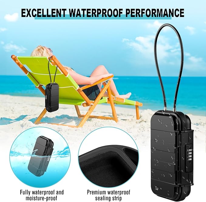 HUANLANG Portable Safe Lock Box with Combination Lock Mini Beach Travel Safe Waterproof Small Lockable Box with Removable Wire Rope Combination Safe Box for Dorm,Travel,Beach,Hotel,Car,Home,Office