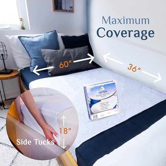 Washable Incontinence Bed Pad 36x60 – Soft, Absorbent & Waterproof Mattress Protector with Tuck-in Sides – Reusable Full/Queen Size Pads for Kids, Adults, Seniors & Pets