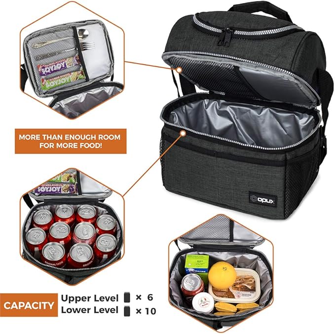 OPUX Lunch Box For Men Women, Insulated Large Double Decker Lunch Bag, Charcoal Gray, 10x7.5x10 Inches