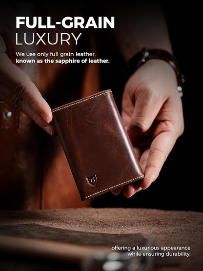 LORZOR Wallet for Men with Metal Card Holder, Pop Up Wallet, Finest Full Grain Leather Trifold Wallet, Smart, Minimalist, RFID Blocking, Front Pocket, ID Window, VintageBrown/Silver