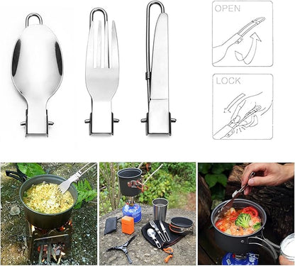 Odoland Camping Cookware Stove Carabiner Canister Stand Tripod and Stainless Steel Cup, Tank Bracket, Fork Spoon Kit for Backpacking, Outdoor Camping Hiking and Picnic