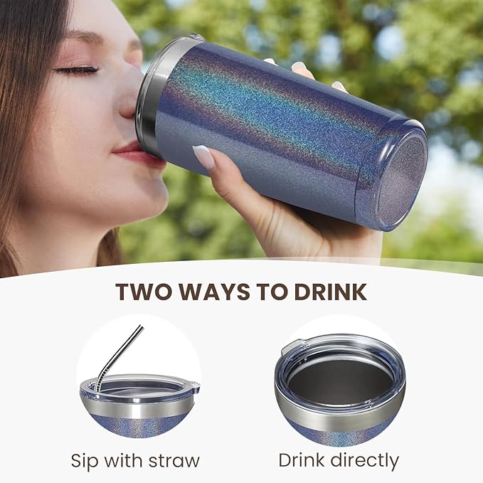 MEWAY 20oz Tumbler 12 Pack Double Wall Vacuum Insulated Travel Glitter Mug Bulk, Stainless Steel Tumblers with Lid and Straw, Powder Coated Coffee Cups for Woman(Rainbow Navy,Set of 12)