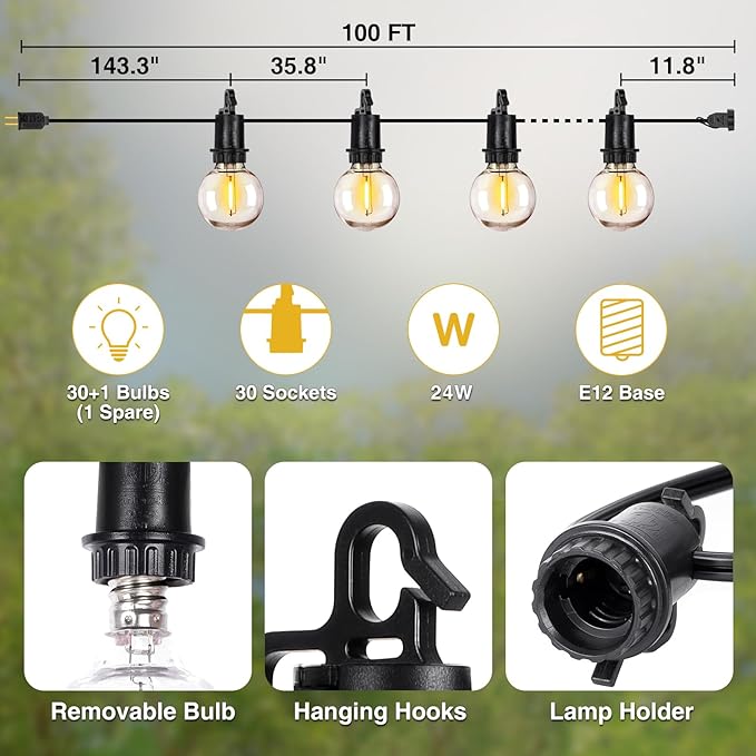 ZJOJO LED Outdoor String Lights, 100FT Outdoor Lights