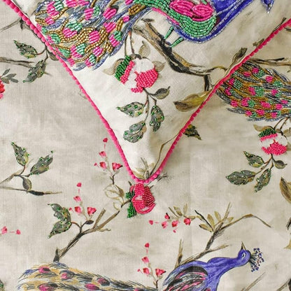 The HomeCentric King/Queen/Twin Pink & Purple Decorative Full 68"x18" Bed Runner with One Pillow Cover, Peacock, Beaded, Pom Pom Lace Bed Scarf on Cotton Fabric - Pavo Paradiso