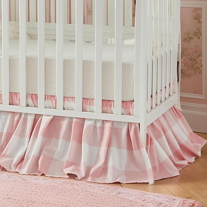 Brandream Gingham Gathered Crib Skirt, Baby Boy, Baby Girl, Gender Neutral Crib Skirt, 100% Cotton, 4-Sided, Light Pink Plaid Gingham Toddler Bedskirt Farmhouse Chic Nursery Crib Bed Skirt Dust Ruffle