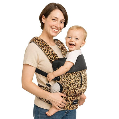 Baby Carrier with Lumbar Support, Cozy Baby Carrier Newborn to Toddler with Adjustable Seat Size, Ergonomic Infant Carrier with 3-Way Carry, Front Facing Toddler Hodler Carrier for Mom & Dad, Leopard