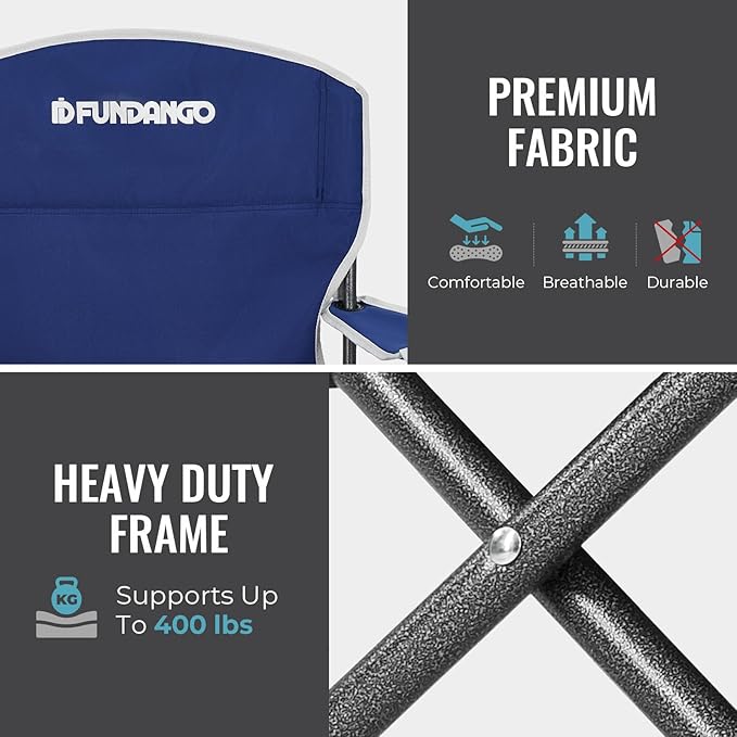 FUNDANGO Folding Camping Chair with Table, 2 Pack Portable Heavy Duty Outdoor Padded Chairs for Adults with Cup Holders for Lawn Beach Picnic Outside Travel (Blue)