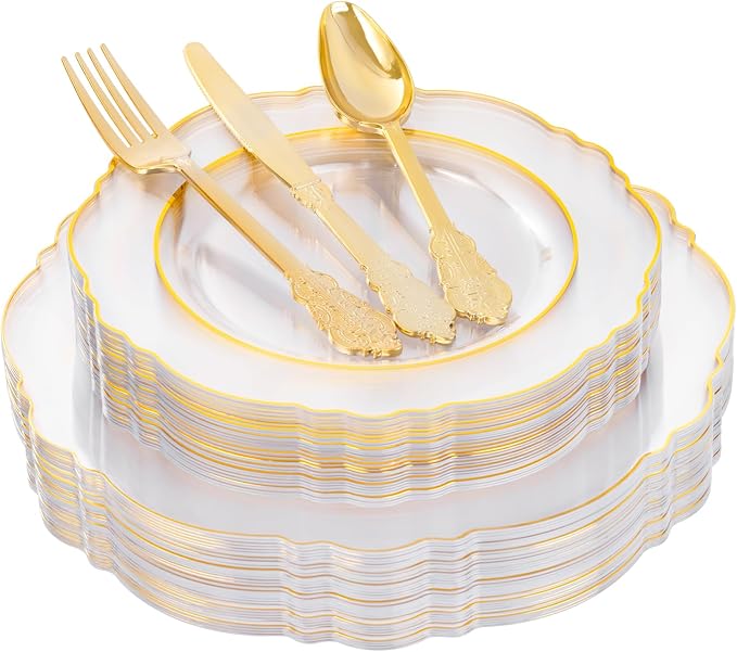 YOUBET 125PCS Clear Gold Plastic Plates