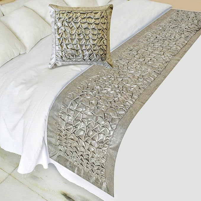The HomeCentric King/Queen/Twin Silver Decorative Bed Runner Twin 53"x18" Bed Runner with Two Pillow Cover, Foil, Knotted,Textured Bed Scarf on Jacquard Fabric - Polished Silver