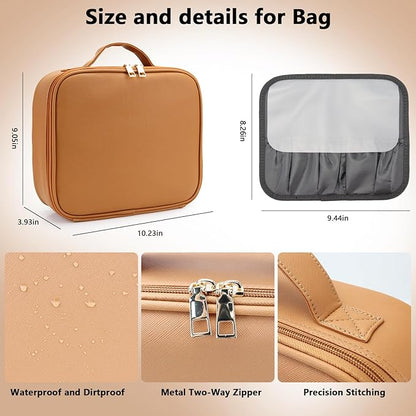 Travel Makeup Bag with LED Mirror Travel Makeup Organizer with 3 Lighted Settings, Adjustable Dividers and Makeup Brush Storage Bag Orange-Brown