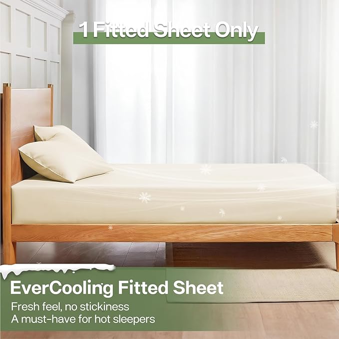MR&HM Twin Fitted Sheet Only, Ultra-Soft Rayon Derived from Bamboo & Polyester Blend, Silky & Breathable, 15" Deep Pocket with Elastic Straps, Cooling Fitted Sheet for Hot Sleepers, Cream