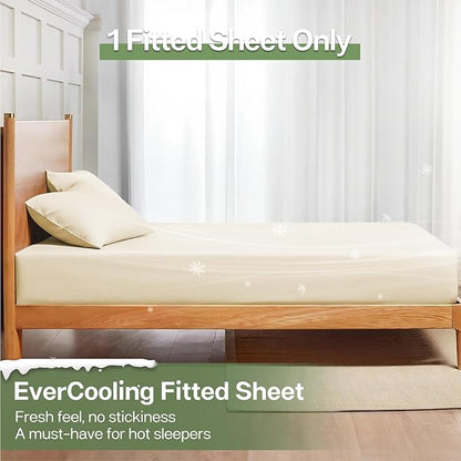 MR&HM Queen Fitted Sheet Only, Ultra-Soft Rayon Derived from Bamboo & Polyester Blend, Silky & Breathable, 15" Deep Pocket with Elastic Straps, Cooling Fitted Sheet for Hot Sleepers, Cream