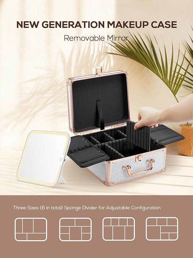 OMIRO Makeup Case, Makeup Bag with Light Up Mirror Set, Makeup Organizer Bag with Magnet Makeup Mirror for Women and Girls