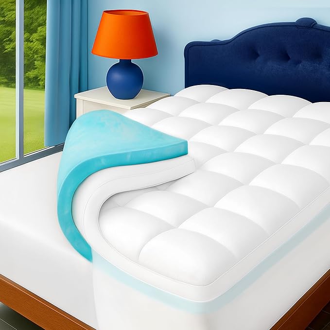 Queen Size Dual Layer 4 Inch Memory Foam Mattress Topper, 2 Inch Cooling Gel Memory Foam and 2 Inch Washable Soft Pillow Top Mattress Pad Cover, 8-24 Inch Deep Pocket, Medium Firm Support