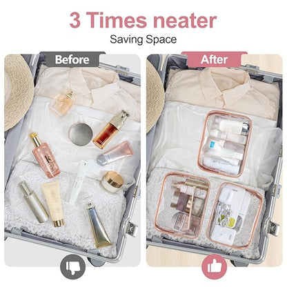 PACKISM TSA Approved Toiletry Bag - Rose Pink Flower Print Clear Makeup Bag, Suitable for Gifts, with Supporting Frame, Perfect for Travel Essentials, Thick No Smell
