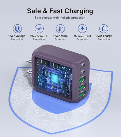 50W 2-Pack USB C Wall Charger Block, 5-Port C Charger Fast Charging Block PD Power Adapter +QC 3.0 Multiport Type C Box Brick Cube USB A Wall Plug for iPhone 16/15/14/13 Pro Max,Samsung Galaxy(Purple)