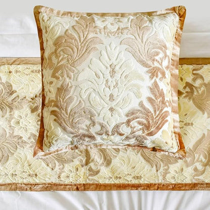 The HomeCentric King/Queen/Twin Beige Luxury CA King 86"x18" Bed Runner with One Pillow Cover, Damask Bed Scarf on Velvet Fabric - Emmeline