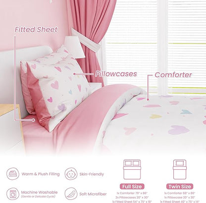 SANDJEST Heart Comforter Set Twin Size 68x86in for Kids Girls, Microfiber 3 Pcs Bedding Set Includes 1 Comforter, 1 Pillowcase, 1 Fitted Sheet, Nursery Room Decor