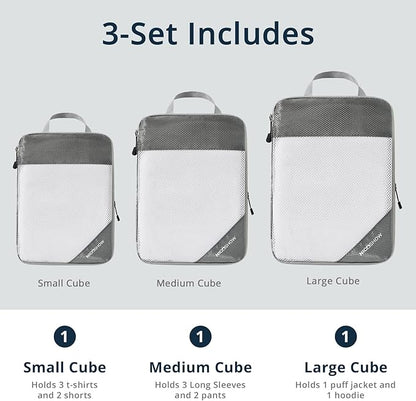 3 Set Compression Packing Cubes for Travel - Compressible, Lightweight, and Space-Saving Packing Cubes, Travel Essentials for Women, Grey