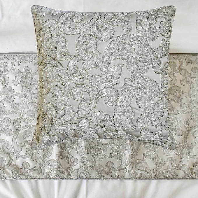 The HomeCentric King/Queen/Twin Silver Decorative Full 68"x18" Bed Runner Without Pillow Cover, Abstract, Floral, Bead Hand Embroidery Bed Scarf on Jacquard Fabric - Ethereal Silver