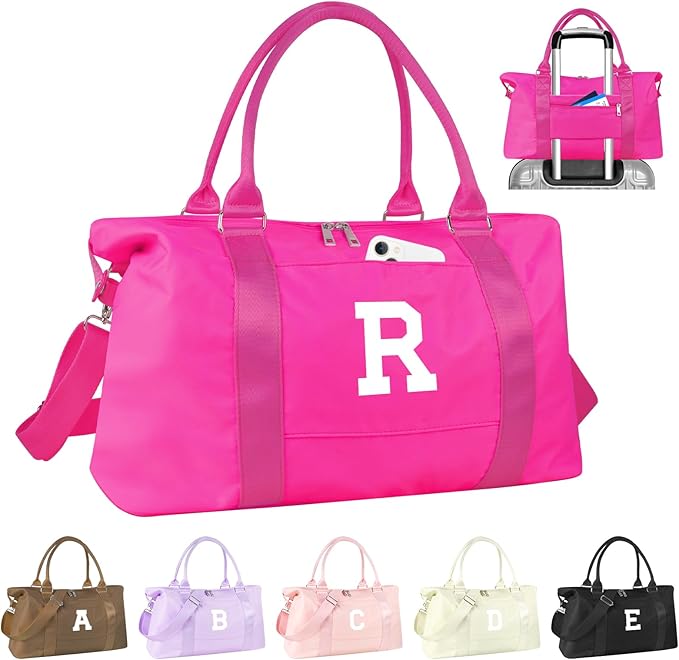Overnight Bag for Kids Teen Girls Weekender Dance Bag Birthday Graduation Gifts,Initial Travel Duffel Bag Sports Gym Bag Personalized Weekender Bag Carry On Bags Preppy Gifts for Women(Hot Pink, R)
