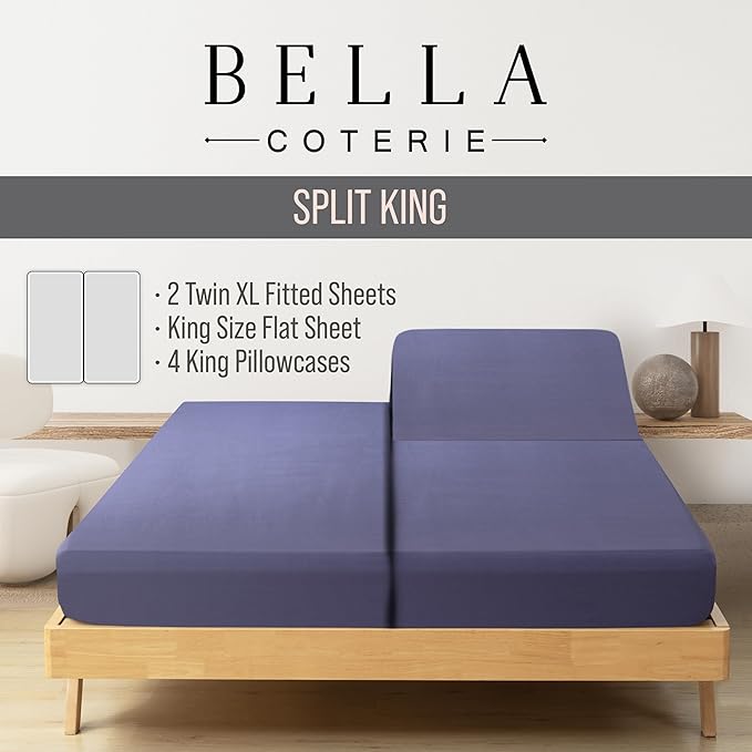 Bella Coterie 7 Piece Luxury Bamboo Viscose Split King Size Sheet Set | 2 Fitted Sheets for Adjustable Beds | 100% Organically Grown | Cooling for Hot Sleepers | 4 Pillowcases [Twilight Blue]