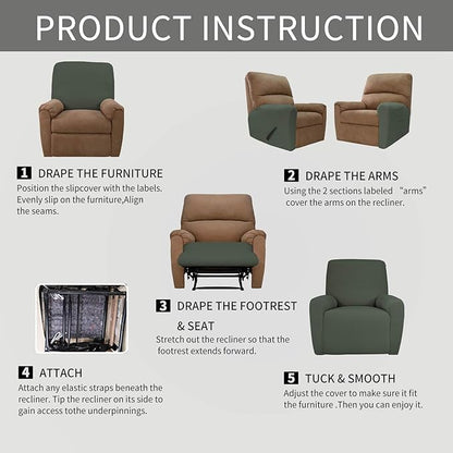 Easy-Going Recliner Stretch Sofa Slipcover Sofa Cover 4-Pieces Furniture Protector Couch Soft with Elastic Bottom Kids Spandex Jacquard Fabric Small Checks(Recliner,Olive Green,Large)