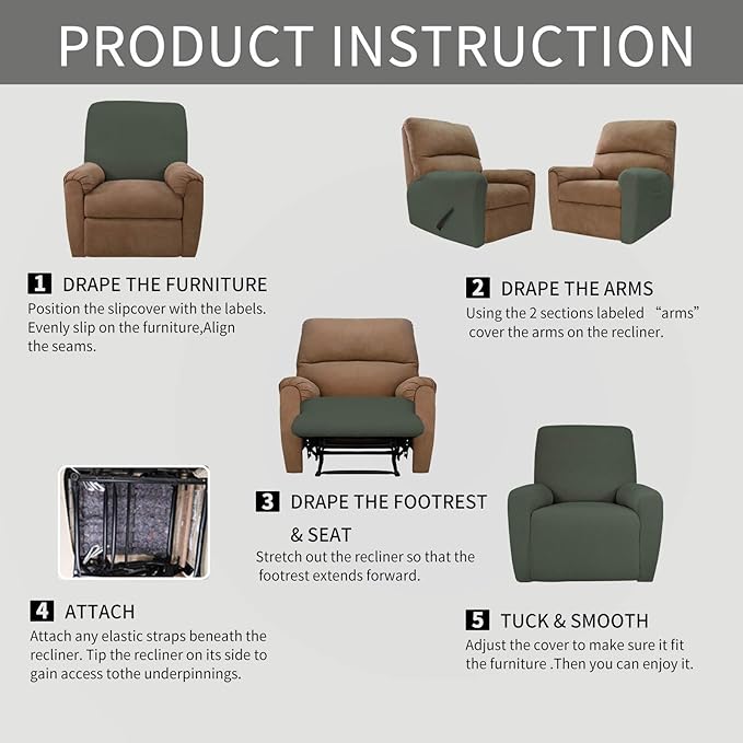 Easy-Going 4 Pieces Oversized Recliner Stretch Sofa Slipcover Sofa Cover Furniture Protector Couch Soft with Elastic Bottom Polyester Spandex Jacquard Fabric Small Checks Olive Green X-Large