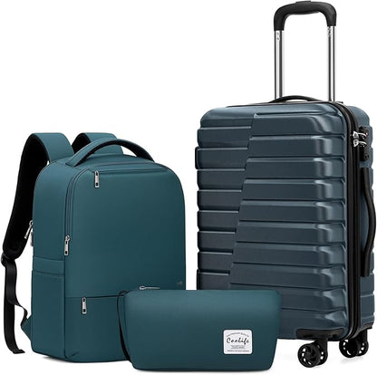 Coolife Luggage Sets 3 Piece, 20In Carry On Luggage with Spinner Wheels PC Hardside Suitcase Set with Travel Backpack (Teal blue, Backpack/TB/20)