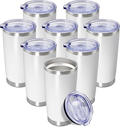 20 oz Tumbler Coffee Tavel Tumblers Bulk with Lid Stainless Steel Double Wall Vacuum Insulated Mug Powder Coated Cups fit Car Cupholder for Hot and Cold - White, 8Pack