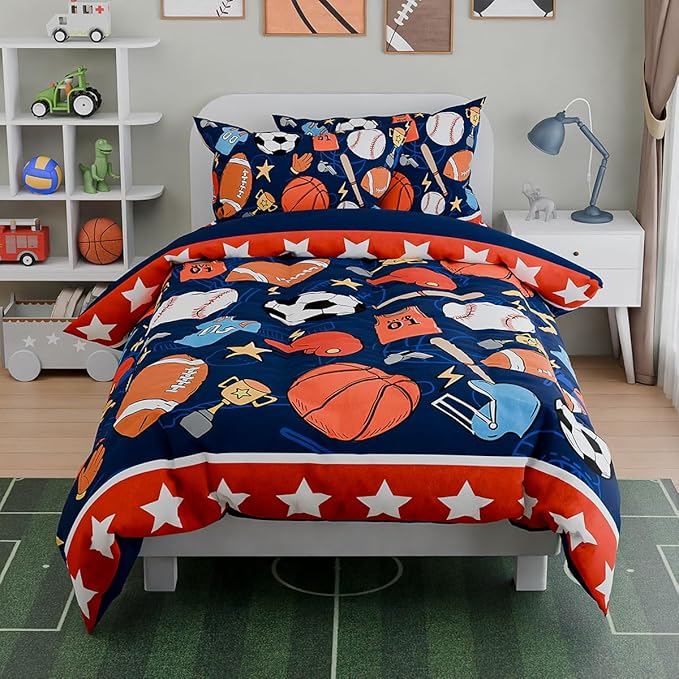 SANDJEST Sports Bedding Sets for Boys, Ultra Soft Microfiber Comforter Bed Set with 3-Pieces, Comforters Sets for Kids Children Boy Bedroom Decor