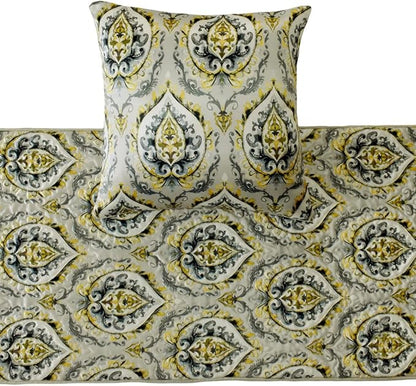 The HomeCentric King/Queen/Twin Grey & Yellow Designer Twin 53"x18" Bed Runner with 2 Pillow Cover, Quilted, Damask & Tassels Bed Scarf on Jacquard Fabric - Flamey Damask
