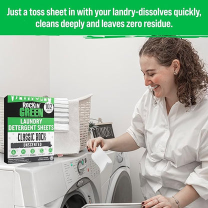 Rockin' Green Travel Laundry Detergent Sheets Unscented - Mess-Free Laundry Sheets Detergent Powerful Cleaning with Sodium Bicarbonate - Easily Dissolvable Laundry Soap Sheet (102 Loads, Unscented)