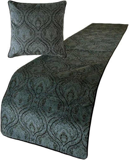 The HomeCentric King/Queen/Twin Gray Decorative Twin 53"x18" Bed Runner Without Pillow Cover, Damask, Victorian & Bead Embroidery Bed Scarf on Suede Fabric - Beatrice