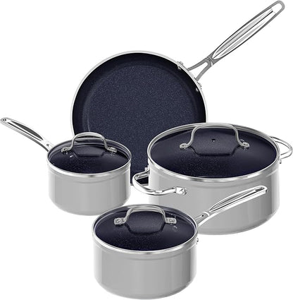 Nuwave 7pc Cookware Set Healthy Duralon Blue Ceramic Nonstick Coated, Diamond Infused Scratch-Resistant, PFAS Free, Oven Safe, Induction Ready & Evenly Heats, Tempered Glass Lids & Stay-Cool Handle