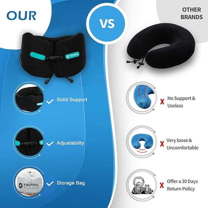 GOLDORANGE Large Travel Pillow Neck Chin Head Support Best Memory Foam Neck Pillows for Airplane Train Car Bus Home Office Sleeping Rest with Compact Carry Bag Black L