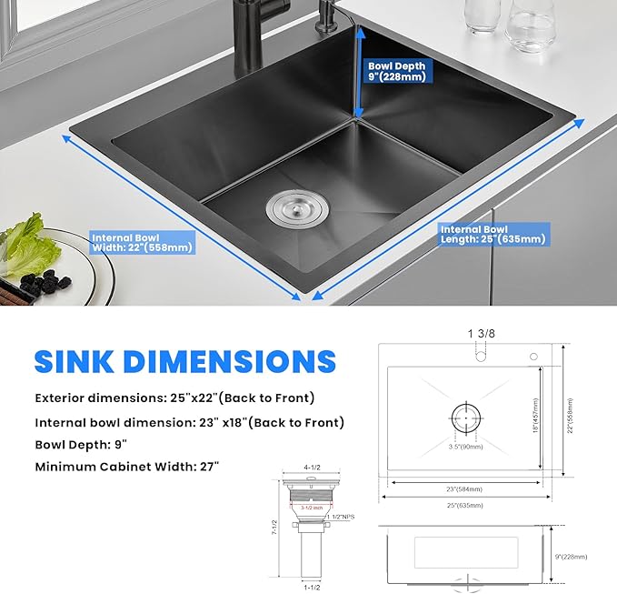 POPFLY 25x22 Inch Drop In Kitchen Sink, 25 Inch Top Mount 9 Inch Deep Single Bowl Utility Laundry SInks 18 Gauge Stainless Steel Outdoor Black Sink with 2 Holes