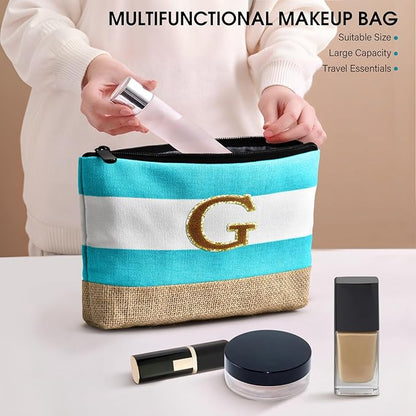Becokan Beach Bag Initial Beach Tote with Makeup Bag for Travel Work Storage Personalized Birthday Gifts for Women Her