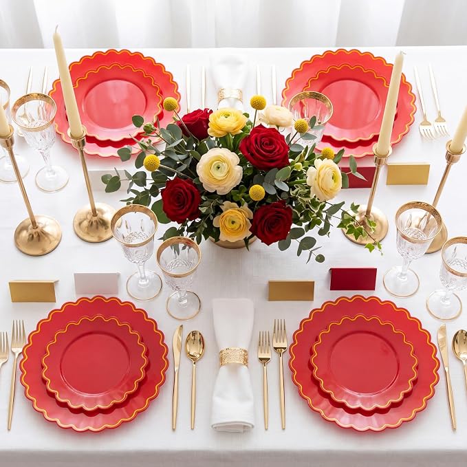 LIYH 100 Red Scalloped Plastic Disposable Plates